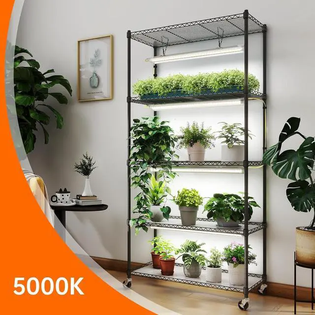 Alt view image 2 of 7 - Plant Shelf with Grow Lights, 5-Tier Plant Stand with T8 24W Grow Light for Indoor Plants with Wheel, 5000K Full Spectrum LED Plant Light with Timer for Seedling, Seed Starting, 29.5x13.8x59IN
