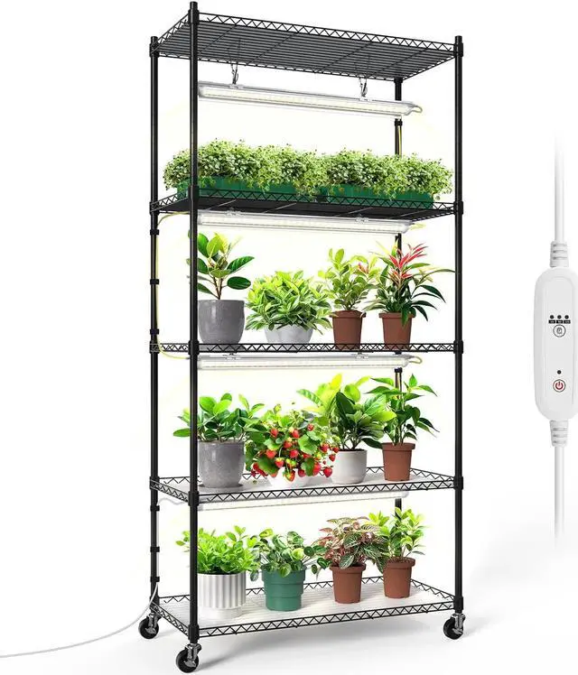 Main image of Plant Shelf with Grow Lights, 5-Tier Plant Stand with T8 24W Grow Light for Indoor Plants with Wheel, 5000K Full Spectrum LED Plant Light with Timer for Seedling, Seed Starting, 29.5x13.8x59IN