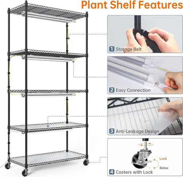 Alt view image 5 of 7 - Plant Shelf with Grow Lights, 5-Tier Plant Stand with T8 24W Grow Light for Indoor Plants with Wheel, 5000K Full Spectrum LED Plant Light with Timer for Seedling, Seed Starting, 29.5x13.8x59IN