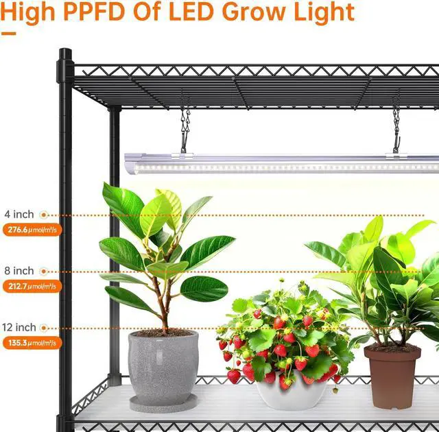 Alt view image 7 of 7 - Plant Shelf with Grow Lights, 5-Tier Plant Stand with T8 24W Grow Light for Indoor Plants with Wheel, 5000K Full Spectrum LED Plant Light with Timer for Seedling, Seed Starting, 29.5x13.8x59IN