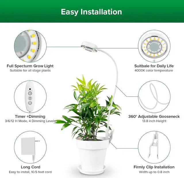 Alt view image 4 of 7 - SANSI Grow Lights for Indoor Plants, Pot Clip LED Plant Light for Growing Full Spectrum, Plant Growing Lamp with 4-Level Dimmable, Auto On Off 3 6 12 Hrs Timer for Small Plants, White 10W 1-Pack