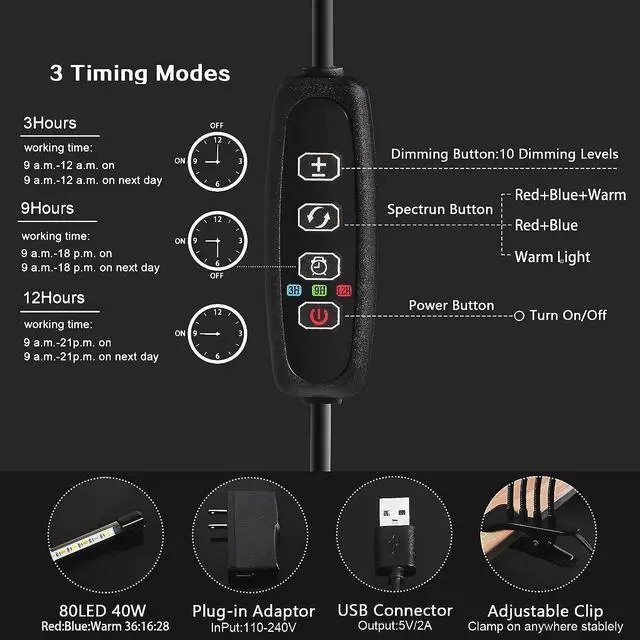Alt view image 5 of 7 - Grow Light for Indoor Plants - Upgraded Version 80 LED Lamps with Full Spectrum & Red Blue Spectrum, 3/9/12H Timer, 10 Dimmable Level, Adjustable Gooseneck,3 Switch Modes