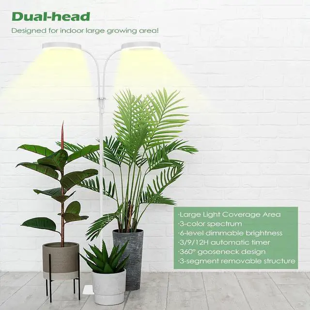 Alt view image 2 of 7 - Grow Light, 2-Head LED Floor Plant Growing Lamp, Full Spectrum Plant Light for Indoor Plants, Extended&Built-in Power Cord, Automatic On/Off Timer, 6-Level Dimming, Adjustable Height of 63 in
