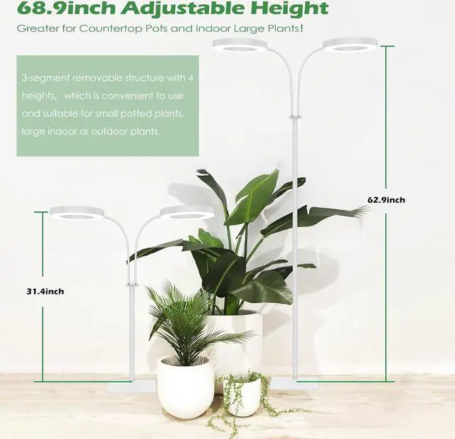 Alt view image 4 of 7 - Grow Light, 2-Head LED Floor Plant Growing Lamp, Full Spectrum Plant Light for Indoor Plants, Extended&Built-in Power Cord, Automatic On/Off Timer, 6-Level Dimming, Adjustable Height of 63 in