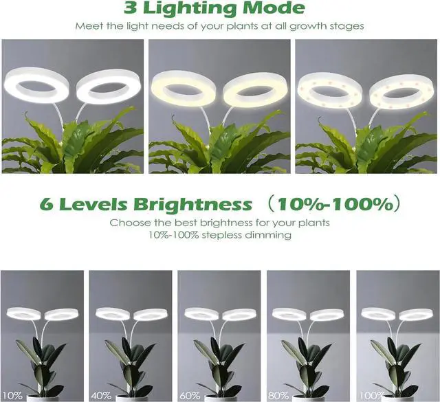 Alt view image 5 of 7 - Grow Light, 2-Head LED Floor Plant Growing Lamp, Full Spectrum Plant Light for Indoor Plants, Extended&Built-in Power Cord, Automatic On/Off Timer, 6-Level Dimming, Adjustable Height of 63 in