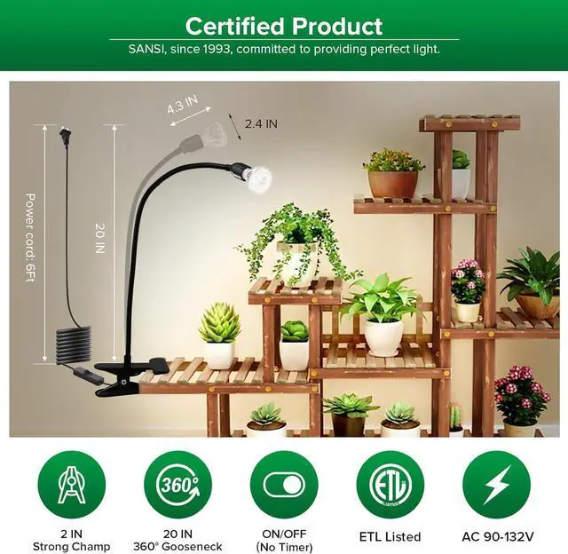 Alt view image 6 of 7 - SANSI LED Grow Lights for Indoor Plants, Lifetime Free Bulb Replacement 150W Full Spectrum Gooseneck Clip Plant Light with Optical Lens for High PPFD Growing Power, Grow Lamp