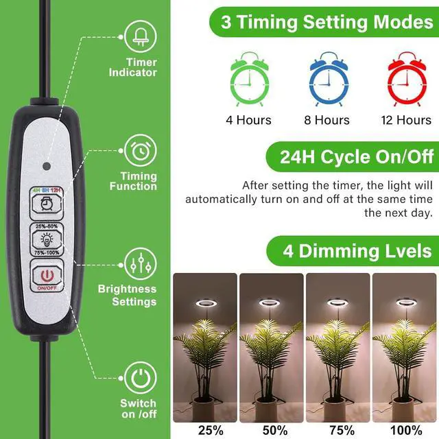 Alt view image 4 of 7 - LORDEM Grow Light for Indoor Plants, Full Spectrum Plant Light with Auto Timer for 4/8/12H, 72 LEDs Growth Lamp with 4 Dimmable Levels, Height Adjustable Stand, Ideal for Tall Plants Growing