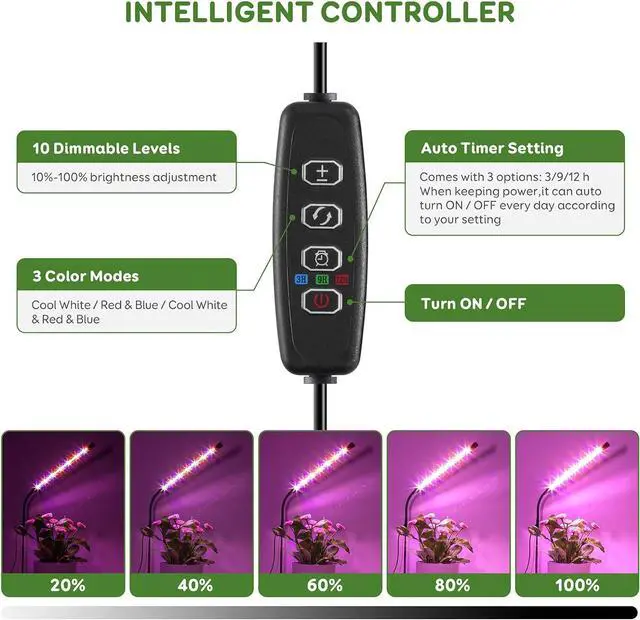 Alt view image 3 of 7 - Grow Light for Indoor Plants Full Spectrum with Base, Auto ON/Off 3/9/12H Timer, 10 Dimmable Levels for Small Indoor Plants(Pack 1)