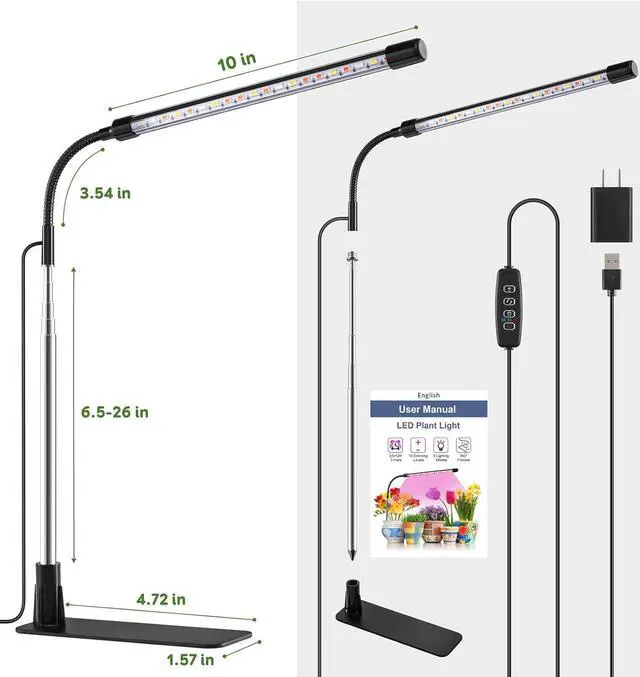 Alt view image 6 of 7 - Grow Light for Indoor Plants Full Spectrum with Base, Auto ON/Off 3/9/12H Timer, 10 Dimmable Levels for Small Indoor Plants(Pack 1)