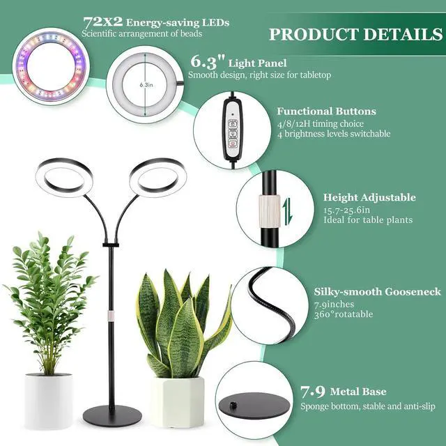 Alt view image 3 of 7 - LBW Halo Plant Grow Lights, Dual-Head Desk Grow Light for Indoor Plants, 72x2 LEDs Full Spectrum Grow Lamp with 4/8/12H Auto Timer, 4-Level Brightness, Flexible Gooseneck, Height Adjustable, Black