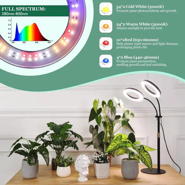 Alt view image 4 of 7 - LBW Halo Plant Grow Lights, Dual-Head Desk Grow Light for Indoor Plants, 72x2 LEDs Full Spectrum Grow Lamp with 4/8/12H Auto Timer, 4-Level Brightness, Flexible Gooseneck, Height Adjustable, Black
