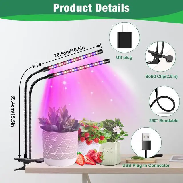Alt view image 5 of 7 - Garpsen Grow Lights for Indoor Plants, Grow Light with Red Blue Full Spectrum, 2 Heads Clip 40 LEDs Plant Light for Indoor Plants, 3 Switch Modes & Auto ON/Off, 6 12 16H Timer, 5 Dimmable Levels