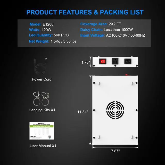 Alt view image 7 of 7 - E1200 Led Grow Lights for Indoor Plants, Grow Lights Full Spectrum with IR UV, Plant Grow Light with Daisy Chain, Growing Lamp for Seedling Vegs in 2x2 Grow Tent Greenhouse