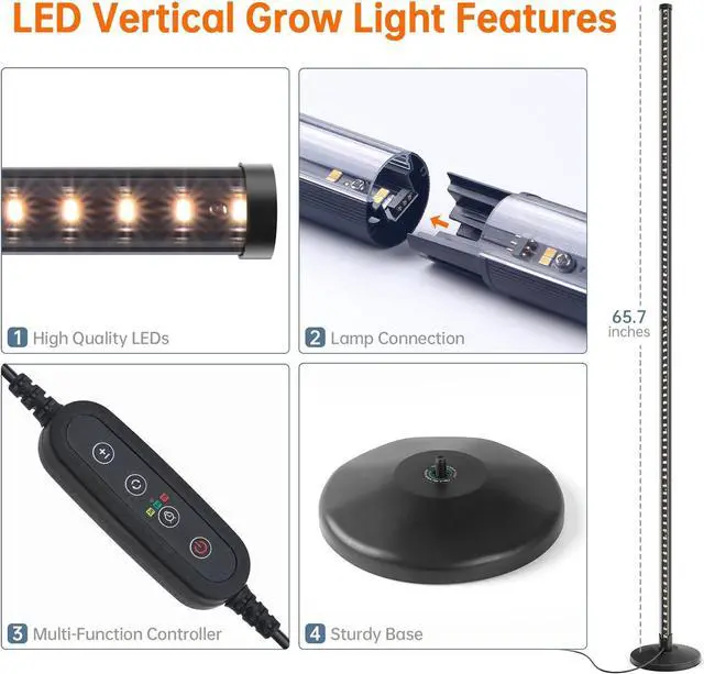 Alt view image 7 of 7 - Standing Grow Lights for Indoor Plants,T10 Full Spectrum Vertical Grow Light Wide Illumination Area,16in-65in Adjustable Height Plant Light with Stand,3 Light Modes Floor Grow Light with Timer