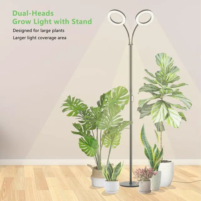 Alt view image 2 of 7 - Grow Light for Indoor Plants, 2 Head Full Spectrum LED Halo Plant Lights with Stand, Floor Standing Growing Lamp with Adjustable Height,Auto Timer,Dimmable Brightness for Tall Large Plants
