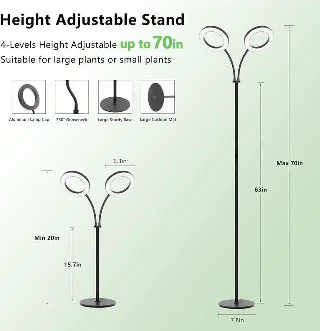 Alt view image 5 of 7 - Grow Light for Indoor Plants, 2 Head Full Spectrum LED Halo Plant Lights with Stand, Floor Standing Growing Lamp with Adjustable Height,Auto Timer,Dimmable Brightness for Tall Large Plants