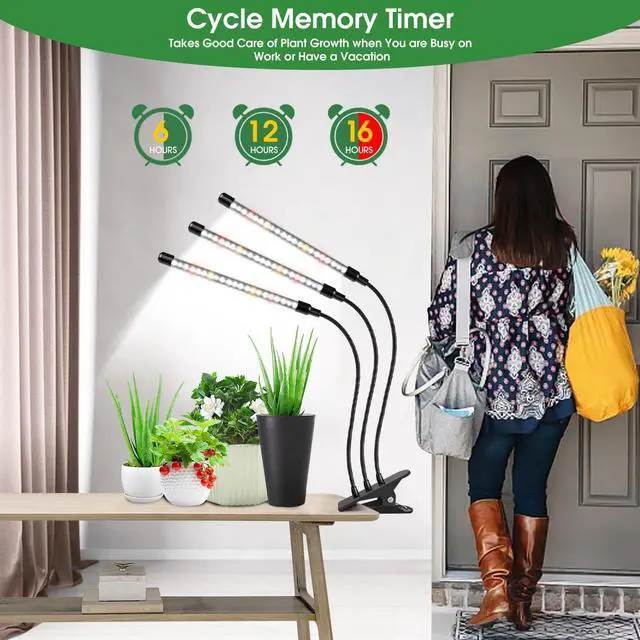 Alt view image 4 of 7 - Wolezek Grow Lights for Indoor Plants Full Spectrum, 6000K 3 Head Plant Lights Indoor, LED White Plant Grow Lamp with Clip, Auto ON & Off Timer 6/12/16H, 3 Light Modes, 5 Level Dimmable Brightness