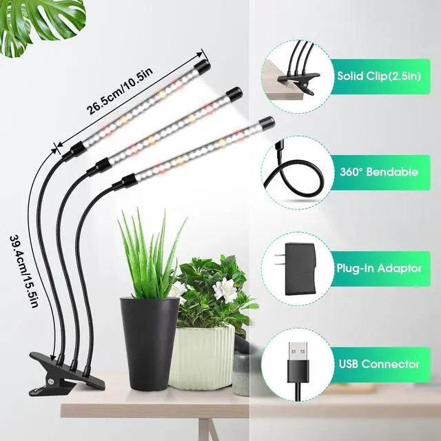 Alt view image 6 of 7 - Wolezek Grow Lights for Indoor Plants Full Spectrum, 6000K 3 Head Plant Lights Indoor, LED White Plant Grow Lamp with Clip, Auto ON & Off Timer 6/12/16H, 3 Light Modes, 5 Level Dimmable Brightness