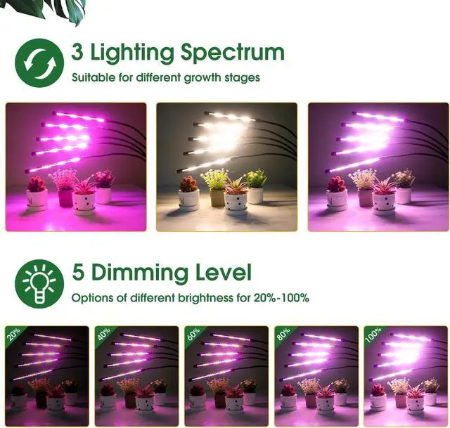 Alt view image 4 of 7 - wolezek Grow Lights for Indoor Plants, Full Spectrum LED Plant Grow Light with Adjustable Stand and Sturdy Clip, 5-Heads Plant Light with Auto 6/12/16H Timer, 3 Light Modes, 5 Levels Dimmable