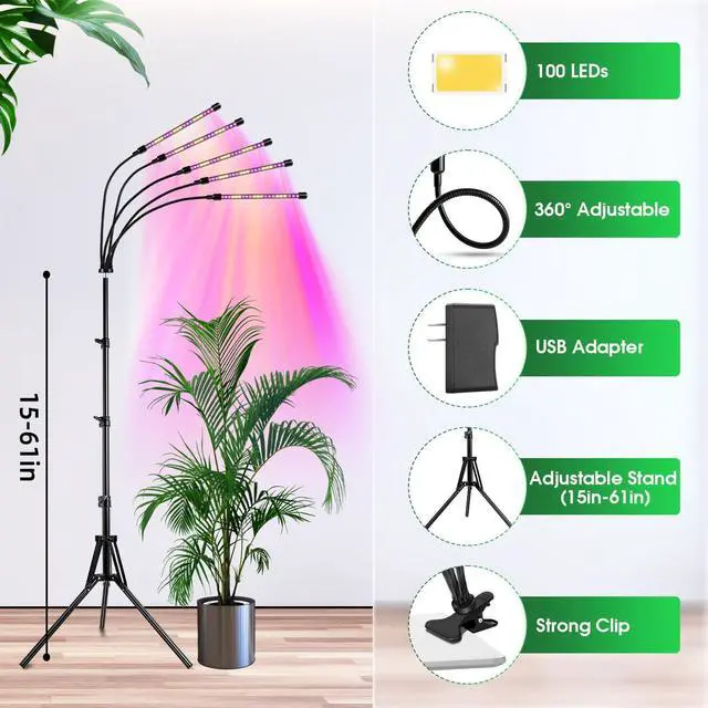Alt view image 7 of 7 - wolezek Grow Lights for Indoor Plants, Full Spectrum LED Plant Grow Light with Adjustable Stand and Sturdy Clip, 5-Heads Plant Light with Auto 6/12/16H Timer, 3 Light Modes, 5 Levels Dimmable