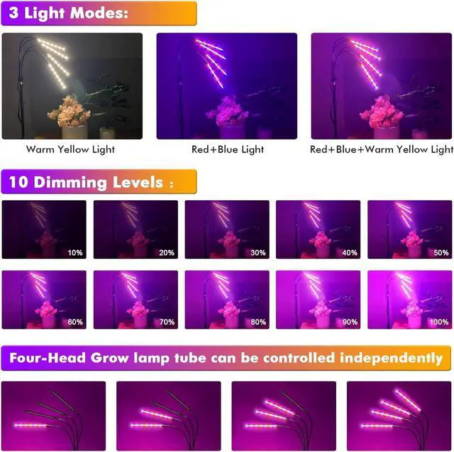 Alt view image 2 of 7 - Plant Grow Light with Adjustable Tripod Stand (14"-63"), 4 Head Floor LED Grow Lamp for Indoor Plants with Dual Controllers,100W Full Spectrum Plant Lights with Timer, 10 Brightness
