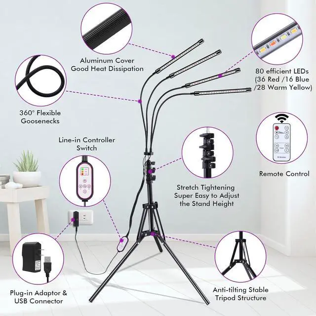 Alt view image 5 of 7 - Plant Grow Light with Adjustable Tripod Stand (14"-63"), 4 Head Floor LED Grow Lamp for Indoor Plants with Dual Controllers,100W Full Spectrum Plant Lights with Timer, 10 Brightness