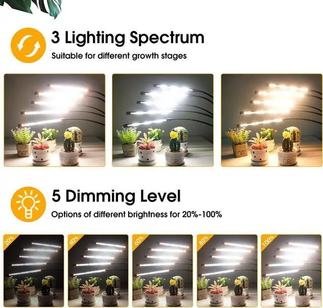 Alt view image 4 of 7 - Wolezek Grow Lights for Indoor Plants Full Spectrum, LED Grow Light with Adjustable Stand and Sturdy Clip, 5-Heads Plant Grow Lights Indoor with Auto 6/12/16H Timer, 3 Light Modes, 5 Levels Dimmable