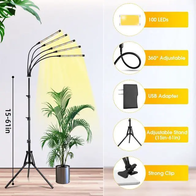 Alt view image 7 of 7 - Wolezek Grow Lights for Indoor Plants Full Spectrum, LED Grow Light with Adjustable Stand and Sturdy Clip, 5-Heads Plant Grow Lights Indoor with Auto 6/12/16H Timer, 3 Light Modes, 5 Levels Dimmable