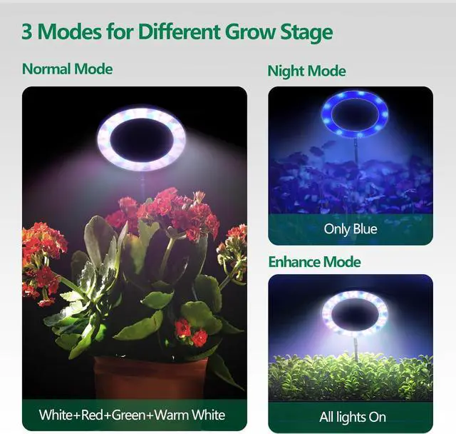 Alt view image 3 of 7 - 6.3 inch Grow Lights for Indoor Plants,Large Plant Light with 3 Timers, 10 Level Dimmable Brightness, Full Spectrum Plant Lamp, Height Adjustable for Tall Plants