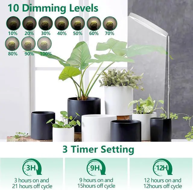 Alt view image 4 of 7 - 6.3 inch Grow Lights for Indoor Plants,Large Plant Light with 3 Timers, 10 Level Dimmable Brightness, Full Spectrum Plant Lamp, Height Adjustable for Tall Plants