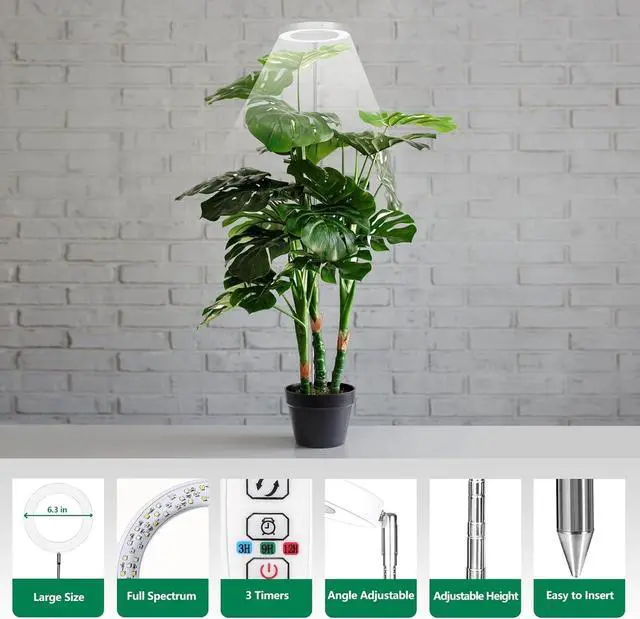 Alt view image 5 of 7 - 6.3 inch Grow Lights for Indoor Plants,Large Plant Light with 3 Timers, 10 Level Dimmable Brightness, Full Spectrum Plant Lamp, Height Adjustable for Tall Plants