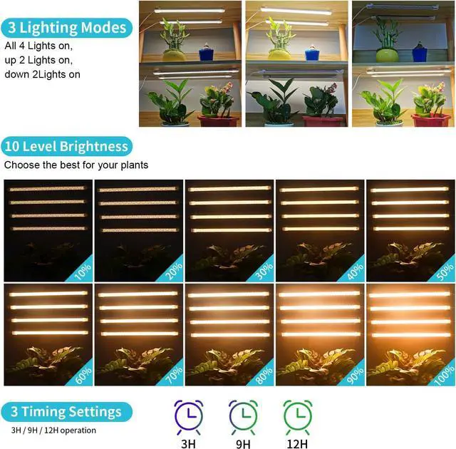 Alt view image 2 of 7 - LED Grow Light Strips for Indoor Plants Full Spectrum 3500K, 192 LEDs Plant Light Bar with 3/9/12H Timer, 10 Dimmable Levels for Seedling Succulent, 13 Inches, 4 Head