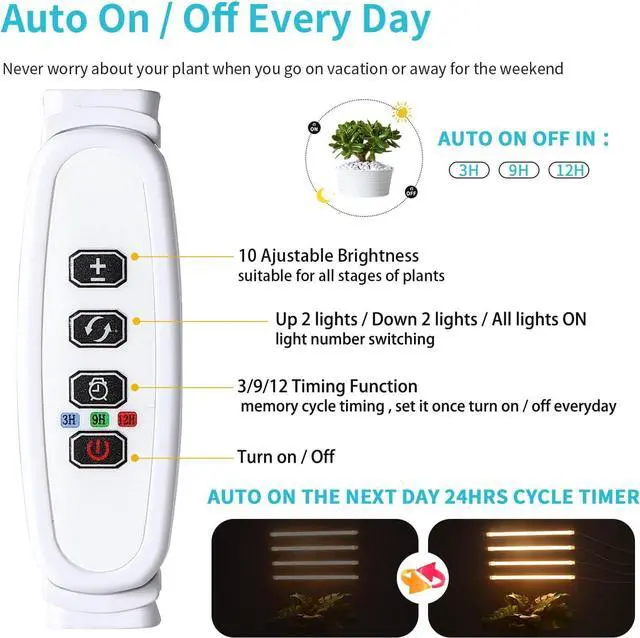 Alt view image 3 of 7 - LED Grow Light Strips for Indoor Plants Full Spectrum 3500K, 192 LEDs Plant Light Bar with 3/9/12H Timer, 10 Dimmable Levels for Seedling Succulent, 13 Inches, 4 Head