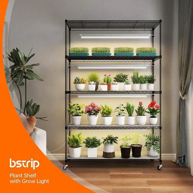 Alt view image 2 of 7 - Plant Shelf with Grow Lights, 5 Tier Large Tall Plant Stand with 3FT T5 144w Grow Light for Indoor Plants, 3 Mode Full Spectrum LED Plant Light with wheel and Timer for Seedling, 47.2x17.8x71IN