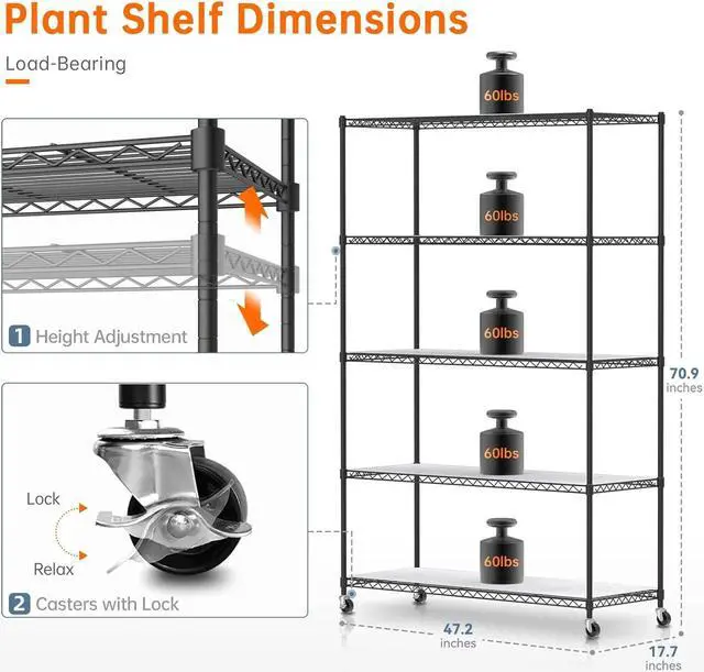 Alt view image 3 of 7 - Plant Shelf with Grow Lights, 5 Tier Large Tall Plant Stand with 3FT T5 144w Grow Light for Indoor Plants, 3 Mode Full Spectrum LED Plant Light with wheel and Timer for Seedling, 47.2x17.8x71IN