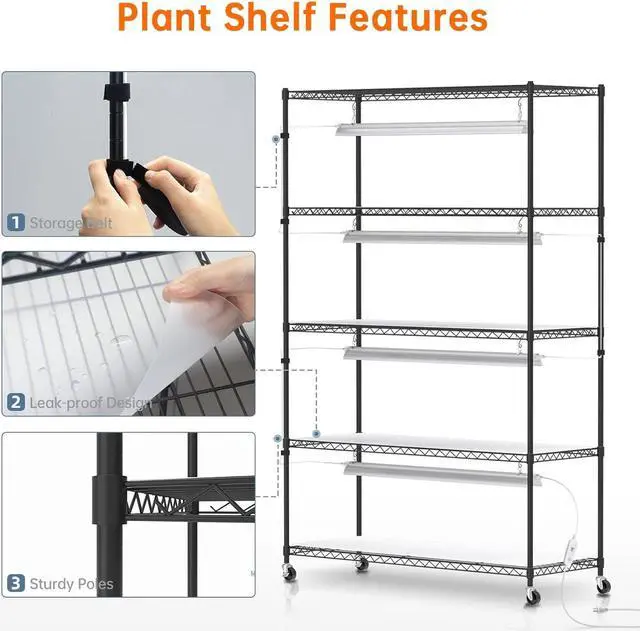 Alt view image 7 of 7 - Plant Shelf with Grow Lights, 5 Tier Large Tall Plant Stand with 3FT T5 144w Grow Light for Indoor Plants, 3 Mode Full Spectrum LED Plant Light with wheel and Timer for Seedling, 47.2x17.8x71IN