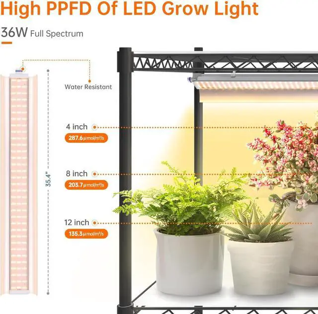 Alt view image 6 of 7 - Plant Shelf with Grow Lights, 5 Tier Large Tall Plant Stand with 3FT T5 144w Grow Light for Indoor Plants, 3 Mode Full Spectrum LED Plant Light with wheel and Timer for Seedling, 47.2x17.8x71IN