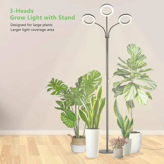Alt view image 2 of 7 - Grow Light for Indoor Plants, 3 Heads Full Spectrum LED Halo Tall Plant Lights with Stand, Floor Standing Growing Lamp with Adjustable Height,Auto Timer,Dimmable Brightness for Large Plant