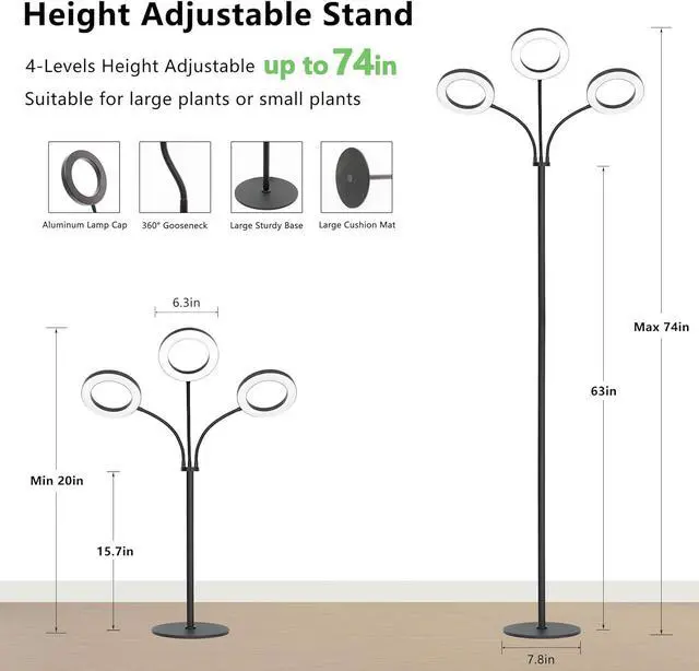 Alt view image 3 of 7 - Grow Light for Indoor Plants, 3 Heads Full Spectrum LED Halo Tall Plant Lights with Stand, Floor Standing Growing Lamp with Adjustable Height,Auto Timer,Dimmable Brightness for Large Plant