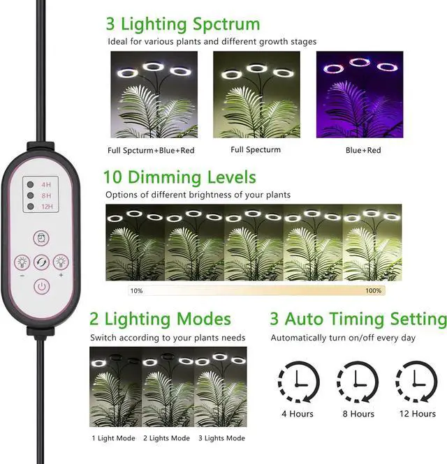 Alt view image 5 of 7 - Grow Light for Indoor Plants, 3 Heads Full Spectrum LED Halo Tall Plant Lights with Stand, Floor Standing Growing Lamp with Adjustable Height,Auto Timer,Dimmable Brightness for Large Plant