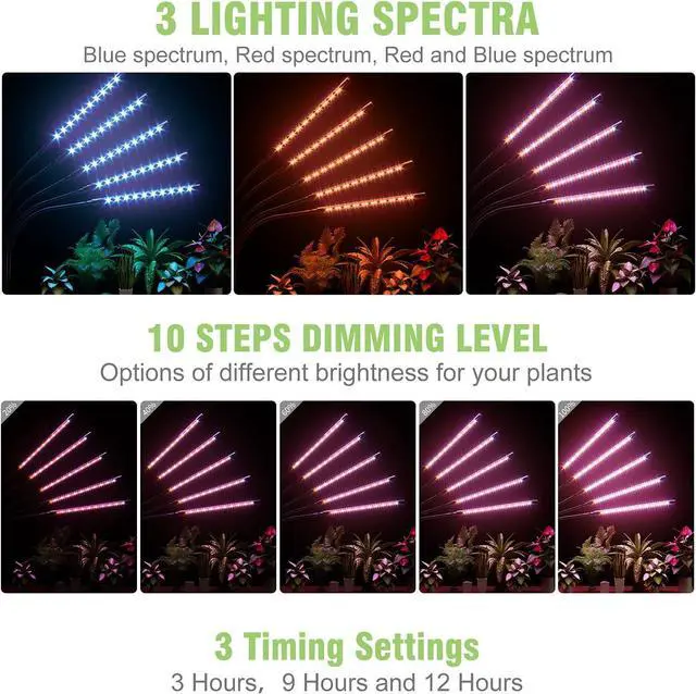 Alt view image 4 of 7 - Grow Lights for Indoor Plants, 150 LED Grow Light for Seed Starting with Red Blue Spectrum, 3/9/12H Timer, 10 Dimmable Levels & 3 Switch Modes, Adjustable Gooseneck Suitable for Various Plant