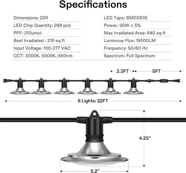 Alt view image 7 of 7 - VIVOSUN Outdoor LED Grow Lights, Waterproof String Grow Light, Full Spectrum Plant Growing Lights with 22Ft Adjustable Cord for Seedling, Veg, Flower in Greenhouse, Garden, Backyard, Farm (6-Light)