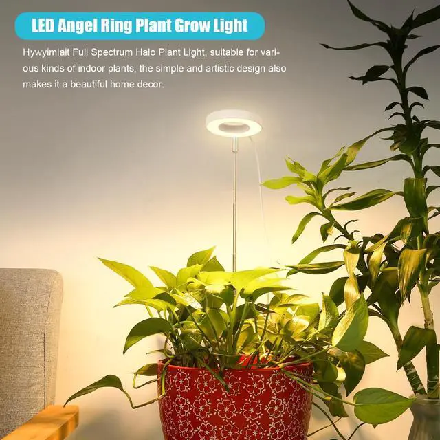 Alt view image 2 of 7 - Halo Ring Grow Lights for Small Indoor Plants, Warm+White 96LEDs Full Spectrum Plant Light, Height Adjustable with 5V 2A Adapter, 3/9/12H Timer, 3 Spectral Modes, 10 Dimmable Levels, Angel Ring 2 Pack