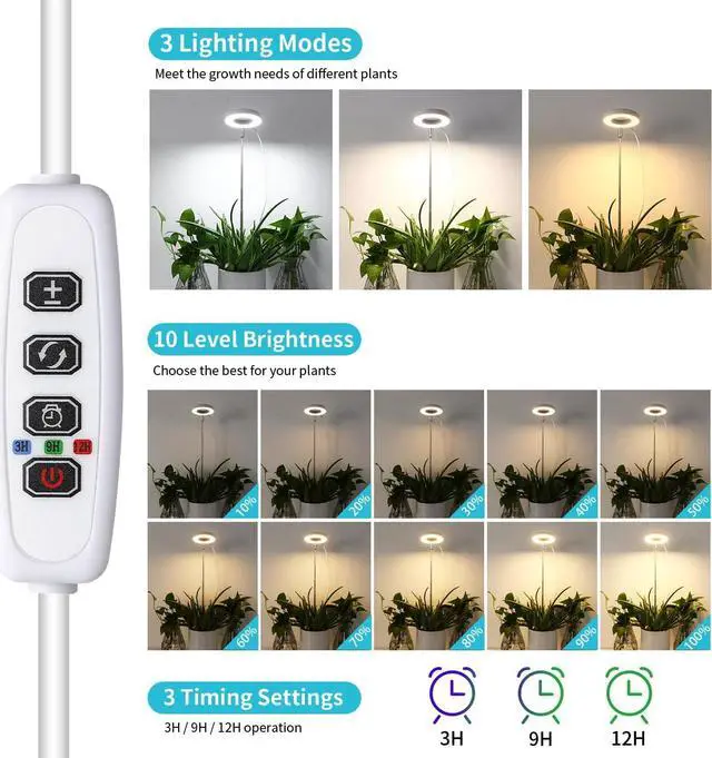 Alt view image 3 of 7 - Halo Ring Grow Lights for Small Indoor Plants, Warm+White 96LEDs Full Spectrum Plant Light, Height Adjustable with 5V 2A Adapter, 3/9/12H Timer, 3 Spectral Modes, 10 Dimmable Levels, Angel Ring 2 Pack