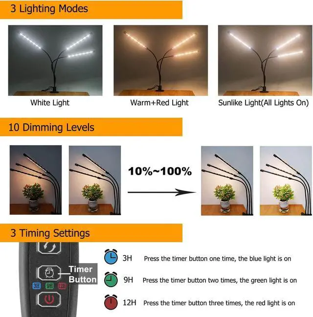 Alt view image 4 of 7 - 3-Head Full Spectrum LED Grow Light, 3 Modes, 10 Dimming Levels, Auto On/Off, 360 Gooseneck, Suitable for Indoor Plants