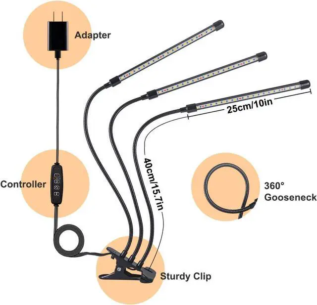 Alt view image 5 of 7 - 3-Head Full Spectrum LED Grow Light, 3 Modes, 10 Dimming Levels, Auto On/Off, 360 Gooseneck, Suitable for Indoor Plants