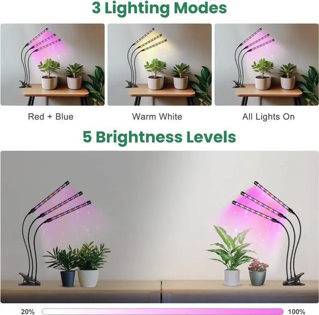 Alt view image 4 of 7 - Garpsen Led Grow Light, 2PCS 3 Heads Full Spectrum Clip Plant Light for Indoor Plants, 120 LEDs Grow Lights, with 3 Switch Modes & Auto ON/Off 6/12/16H Timer, 5 Dimmable Levels (Red Blue Warm White)