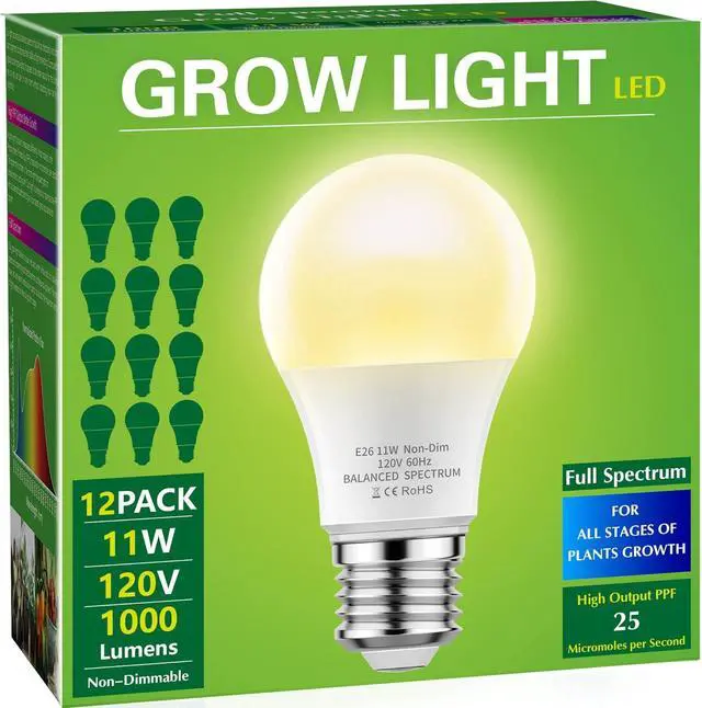 Main image of Briignite Grow Light Bulbs, LED Grow Light Bulb A19 Bulb, Full Spectrum Grow Light Bulb, Plant Light Bulbs E26 Base, 11W Grow Bulb 100W Equivalent, Grow Light for Indoor Plants, Seed Starting, 12Pack