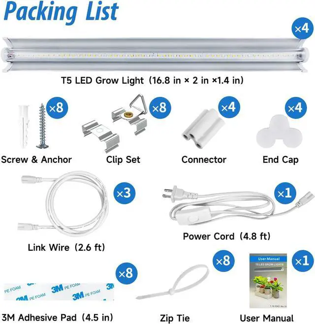 Alt view image 6 of 6 - Plant Lights for Indoor Growing Seedlings - 16 in Long, 4-Count (10W x4) Full Spectrum T5 Grow Light Bars for Seed Starting 4000K White LED Grow Lights Strip w/Reflectors for Shelf/Rack