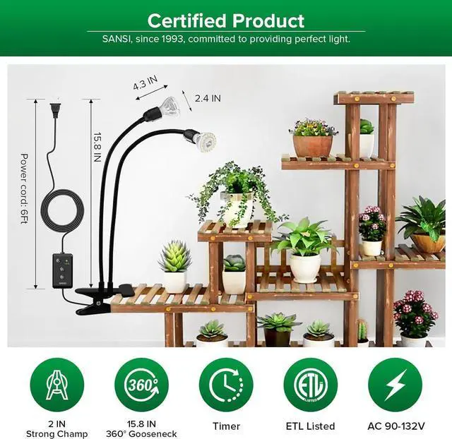 Alt view image 6 of 7 - SANSI LED Grow Lights for Indoor Plants, Lifetime Free Bulb Replacement, 300W Full Spectrum Dual Gooseneck Clip Plant Grow Light, Plant Light with Timer 4/8/12 Hrs, High PPFD Growing Power Grow Lamp